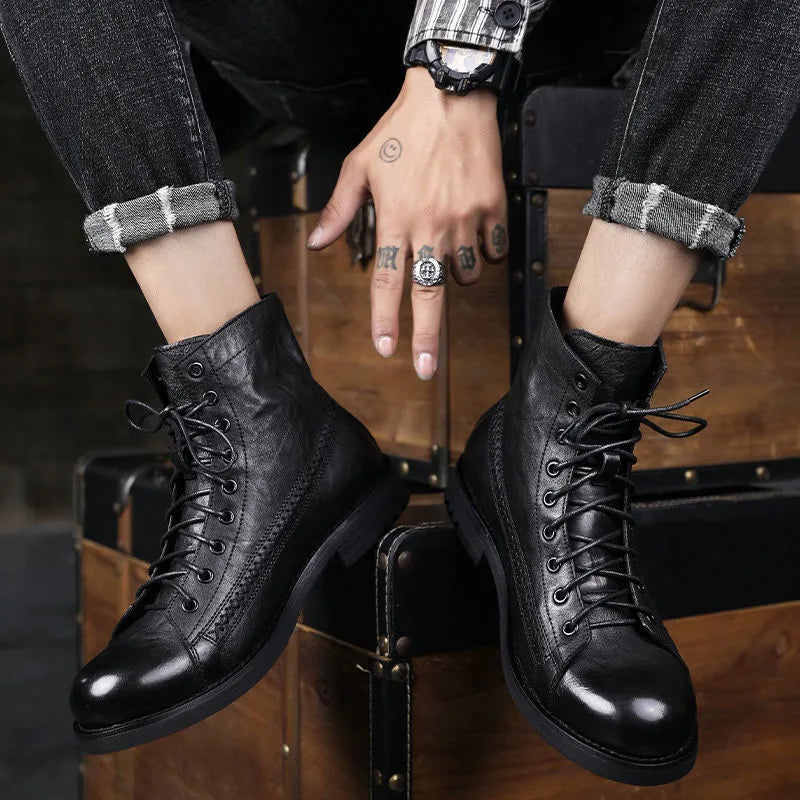 Luxury Men's Boots Handmade Retro Men Ankle Boots High Quality Leather High-top Shoes Fashion British Style Men Motorcycle Boots