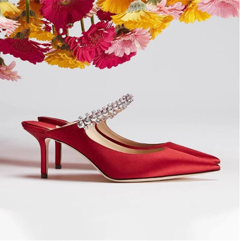 2026 New Fashionable Fine Heeled Muller Shoes with Pointed Water Diamond Chain Banquet Shallow Mouth Women's High Heel Sandals