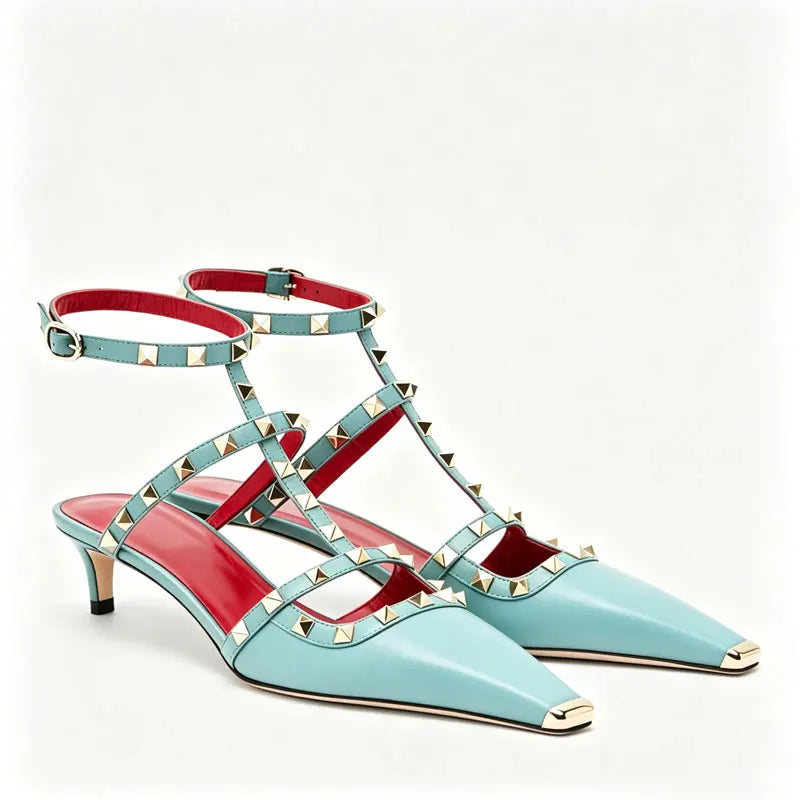 2026 Women's Rivet Low Heel Square Head Stiletto Sandals Fashion Show Party Summer Women's High Heel Sandals