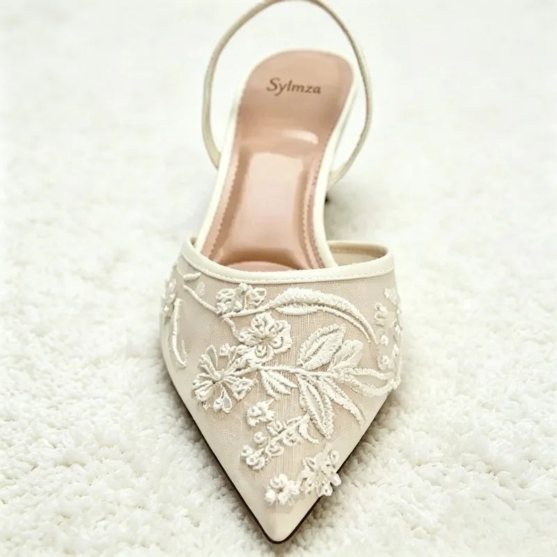 Elegant Mesh Embroidered Flowers Designer Heeled Sandals Women 2025 Summer Sexy Slingback Pointed Toe Thin High Heels Dress Shoe