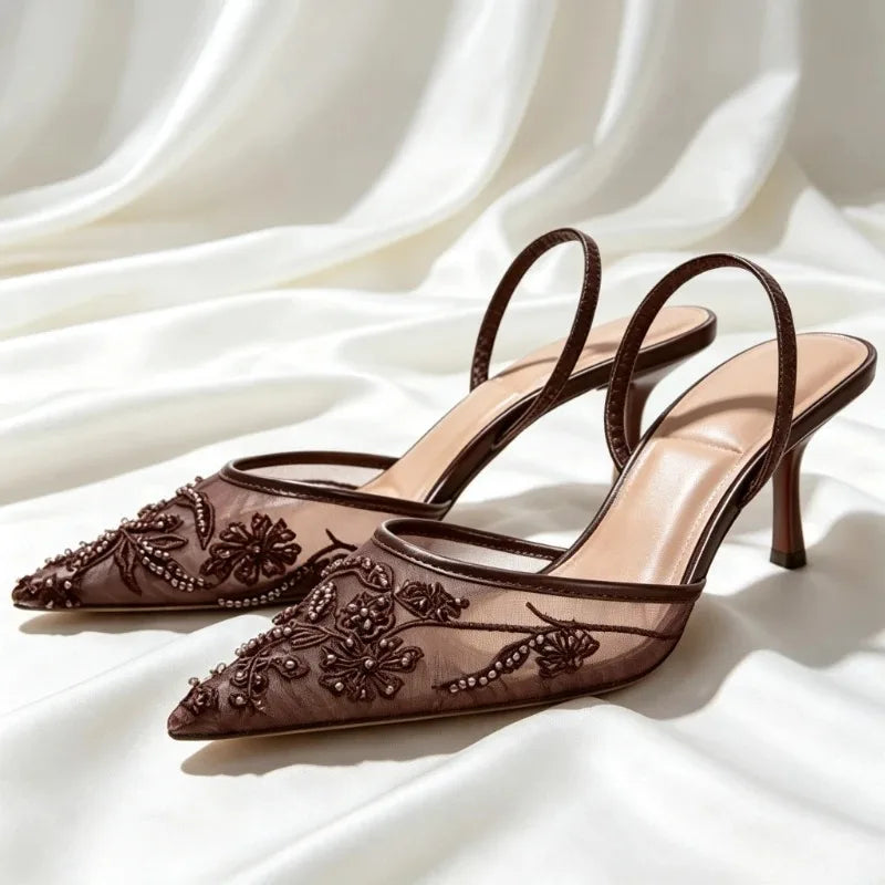 Mesh Embroider String Bead Detail High Heels Women Sexy Brown Pointed Toe Back Strap Heeled Sandals Summer Elegant Women Shoes