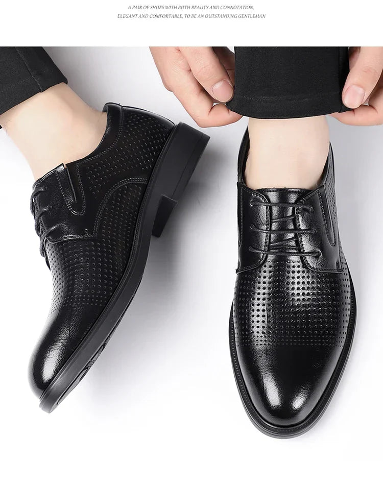 Men's Summer Breathable Leather Shoes British Style Comfortable Soft Business Formal Derby Shoes Hollow out Design-SJ6607-1