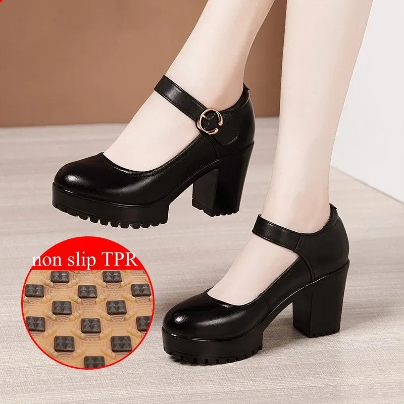 6 8 10cm Small Size 32-43 Shallow Thick Bottom Genuine Leather Shoes Platform Pumps 2026 Block High Heels Shoes Office Model