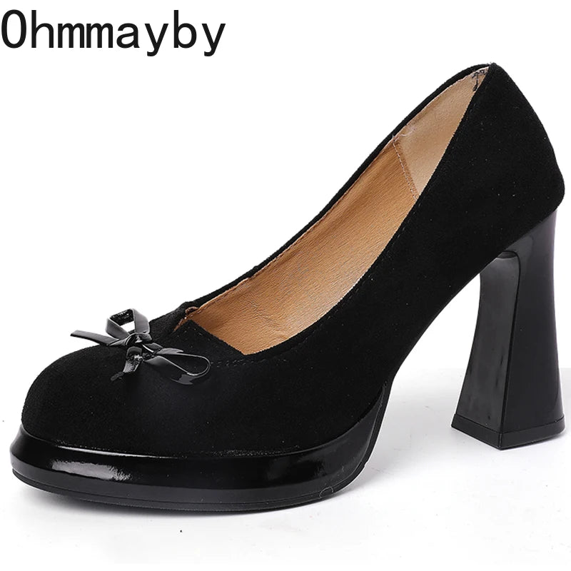 Butterfly-knot Women Mary Jane Shoes Fashion Shallow Slip On Pumps Concise Dress Thick Heel Ladies Footwear