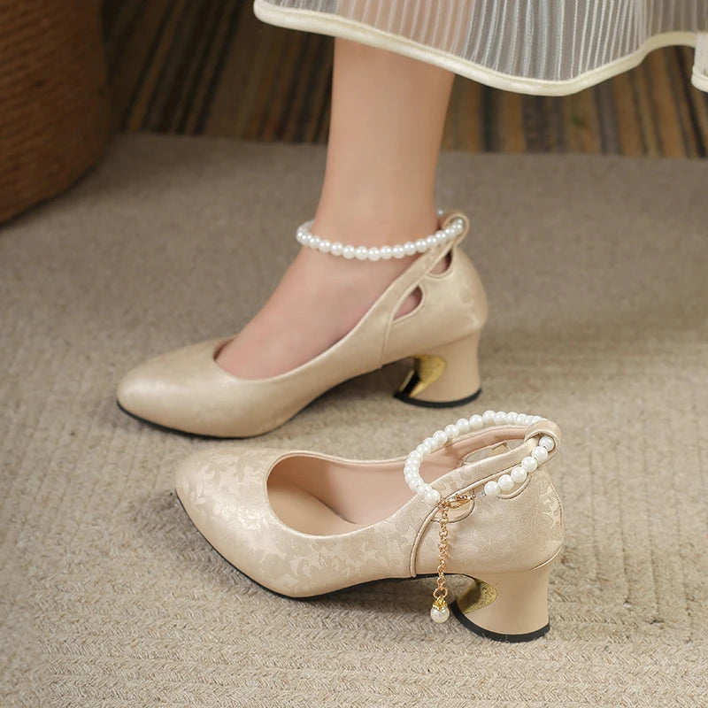 Retro Square Toe High Heels Women's Wedding Shoes New Chinese Style Single Shoes Block Heel Baotou Sandals