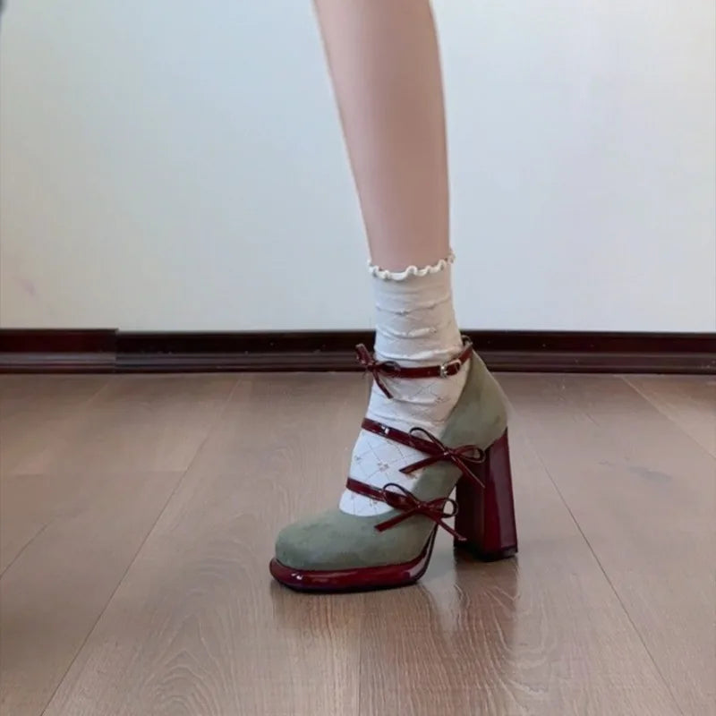 Platform Green Bow Mary Jane Single Shoes Spring Summer 2026 New Strap Heels Women