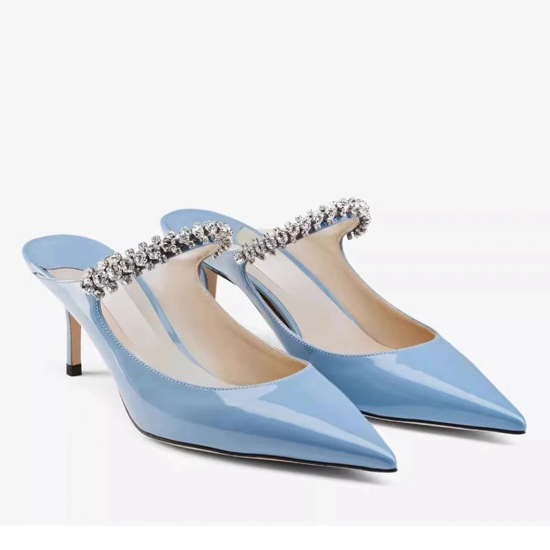 2025 Summer New Pointed High Heels Women's Muller Shoes Transparent Water Diamond Sexy Fashion Thin Heel Women's Sandals