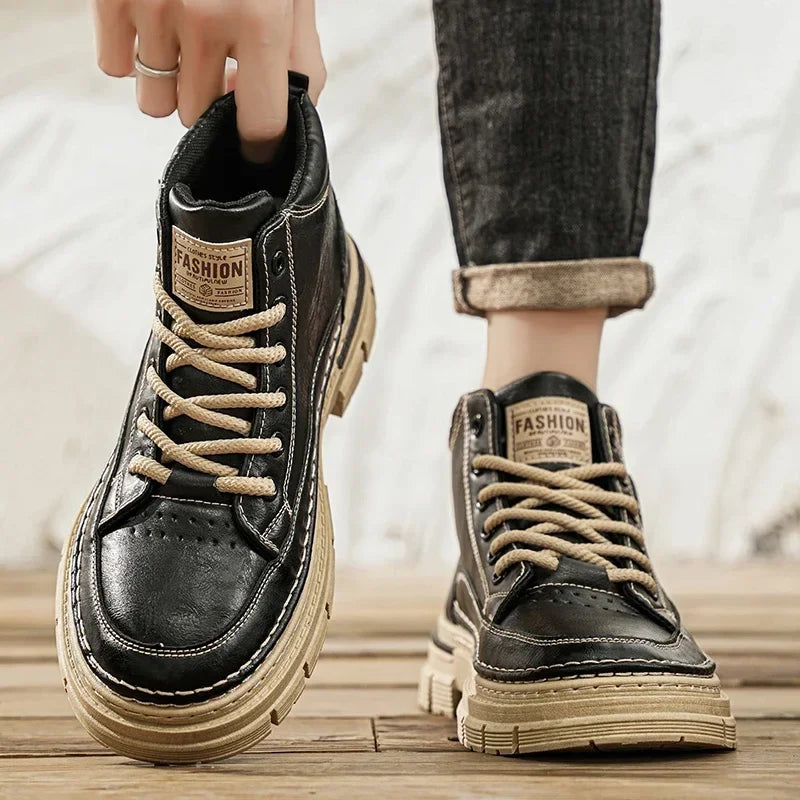 Men's High Top Leather Shoes Work Yellow Boots Thick Bottom Casual Boots Fashion Outdoor Hiking Shoes Mens Boots