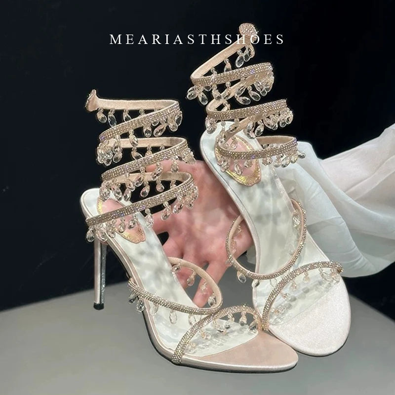 black Women's High Heels Gladiator Sandals Woman Fashion Tassel Crystal Shoes Women Sexy Banquet Party Stiletto Shoes for Women