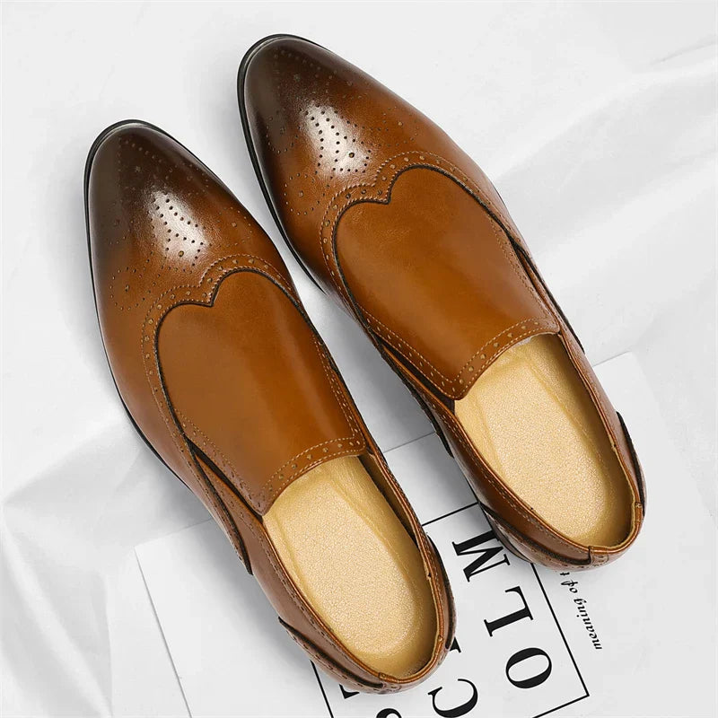 Men's Genuine Leather Brogue Loafers Dress Shoes with Wingtip Perforations Comfortable Business Casual Oxfords Office & Weddings