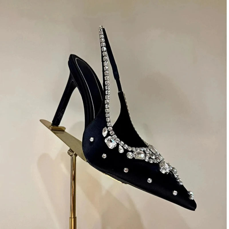 New Summer Fairy-style Rhinestone Sandals, Pointed Toe, Stiletto Heels, Satin High Heels, Exquisite Crystal Wedding Shoes, Open