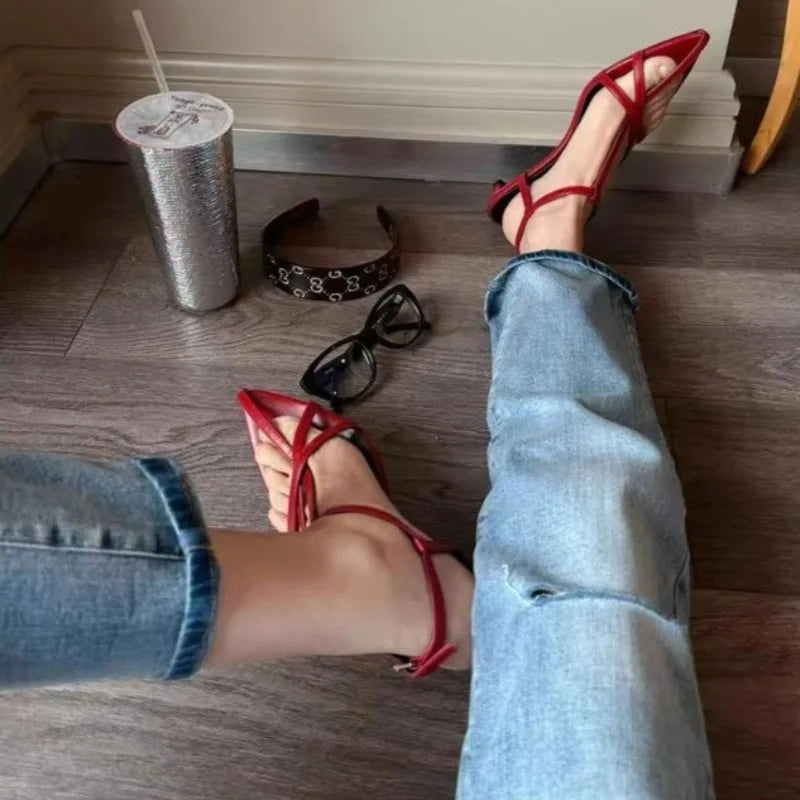 Low Heel Shoes Summer New Pointed Fine Belt Interlace Metal Buckle Line with Soft Sole Non-slip Fine Heel Sandals