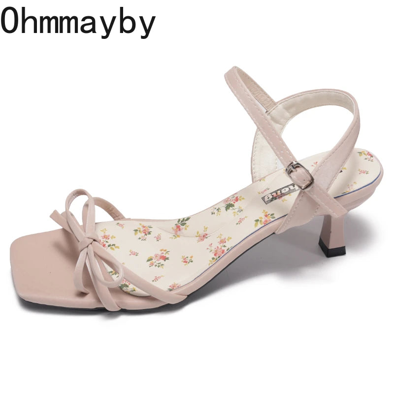 Summer Butterfly-knot Floral Women Sandals Concise Slingback Party Dress Mules Shoes Mid Heels Banquet Striptease Sandals