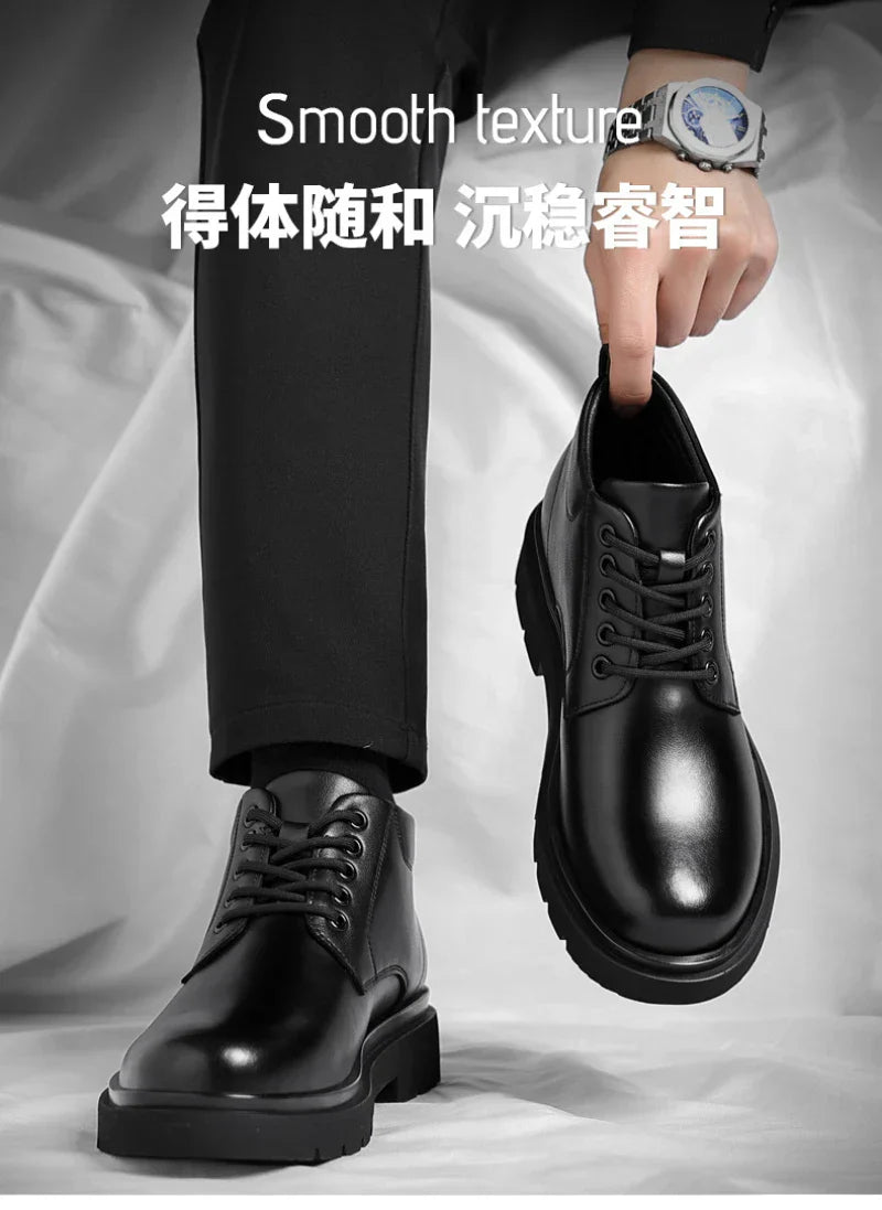 Mens Black Leather Lace Up Mid Top Boots Winter Warm Formal Business Office Wedding Shoes Black Work Boots Fashionable Dad Shoes