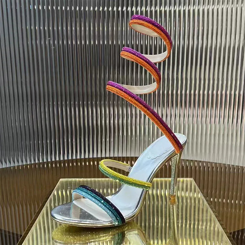 Luxury High Heels Sandals Women Crystal Pendant Snake Twine Around Ankle Strap Wedding Shoes Summer Bohemian Sandals Woman