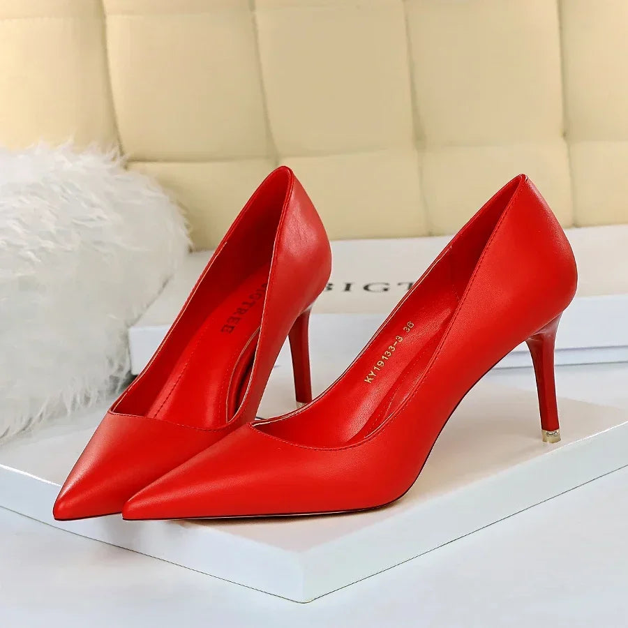 Plus Size 34-43 Woman Classic Concise 7.5cm 10.5cm High Heels Lady Elegant Colorful Pumps Scarpins Yellow Mid Low Heels Shoes