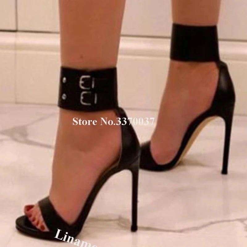 White Black Ankle Wrap Sandals Linamong Elegant Women Open Toe Matte Leather Stiletto Heel Gladiator Sandals Party Dress Heels