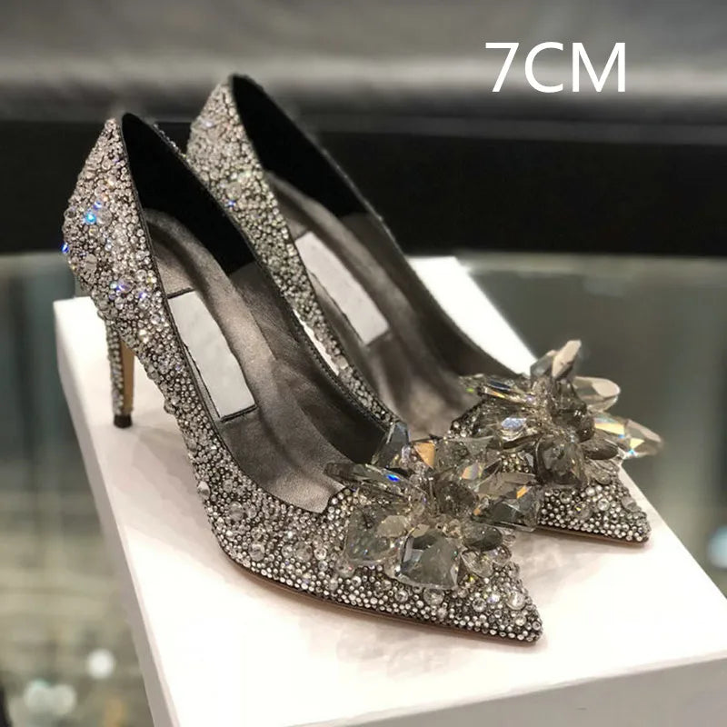 2026 Cinderella Crystal Wedding Shoes High Heels Autumn New Silver Full Diamond Bridal Shoes Rhinestone French Single Shoes