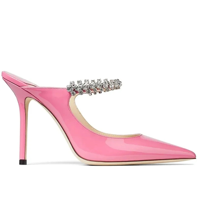 2026 New Fashionable Fine Heeled Muller Shoes with Pointed Water Diamond Chain Banquet Shallow Mouth Women's High Heel Sandals