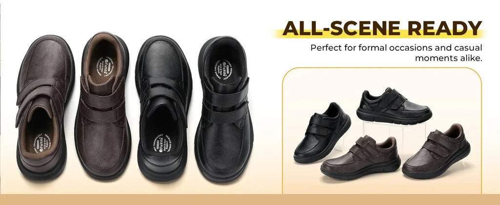 Men'S Wide Walking Shoes Hook And Loop Comfortable Leather Business Shoes Orthopedic Diabetic Shoes For Swollen Feet