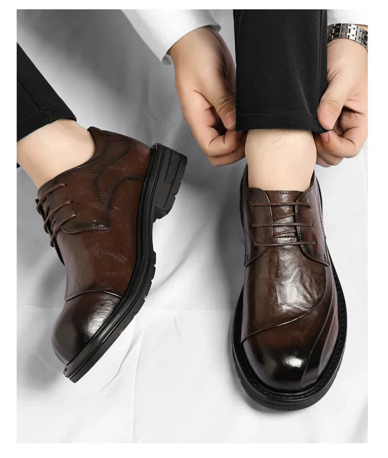 Brown Burnished Genuine Leather Lace Up Chunky Sole Formal Business Office Groom Wedding Daily Wear Shoes Fashion Comfortable