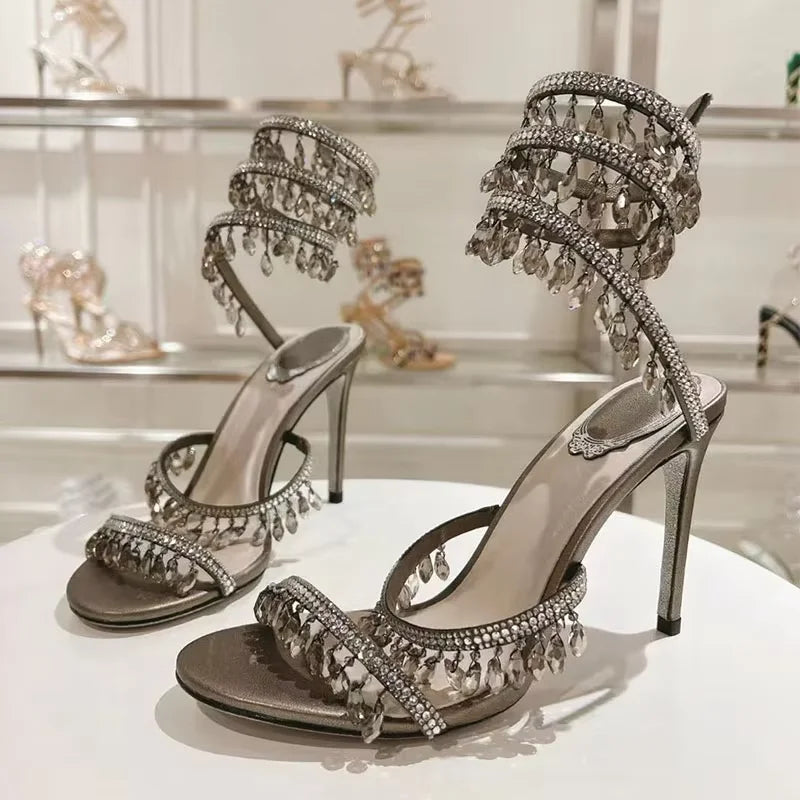 Sexy High Heels Gladiator Sandals Women Crystal String Bead Snake Twine Around Ankle Strap Wedding Shoes Summer Sandals Woman