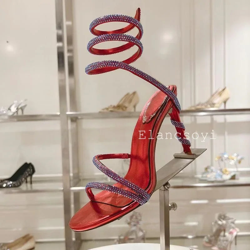 Thin Heels Gladiator Sandals Women's Shiny Rhinestone Ankle Snake Shaped Winding Party Shoes Summer Fashion High Heels Sandalias