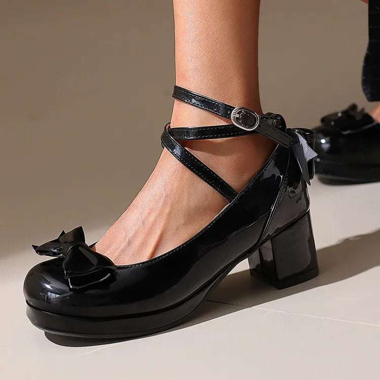 NASBAVI Lolita Platform High Heels Cross Strap Mary Jane Pumps Sweet Bow Women Shoes Purple Ladies Princess Thick Heel Shoes