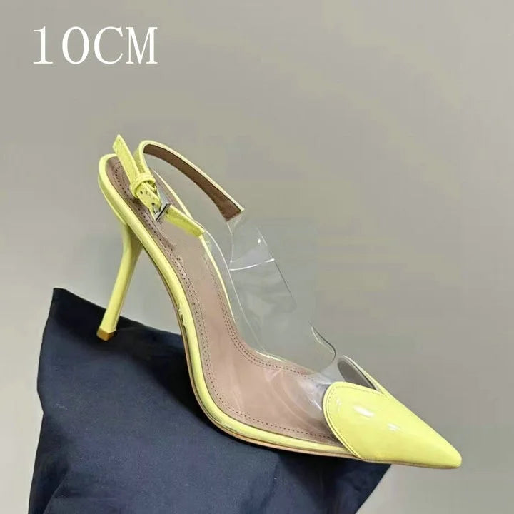 2026 New Pointy Peach Heart Fine Heel Shoes Sexy Pvc Transparent Film Black Patent Leather High Heel Overhead Sandals