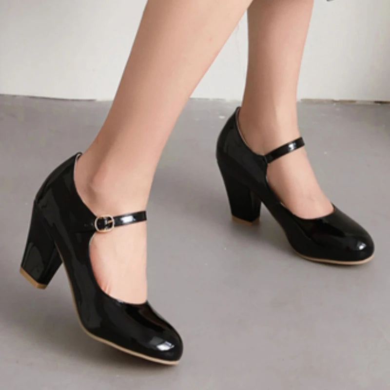 Women's Navy Blue High Heels Pumps Big Size 45 Lolita Mary Jane Shoes Elegant Black Red Pink Heeled Office Wedding Dress Shoes