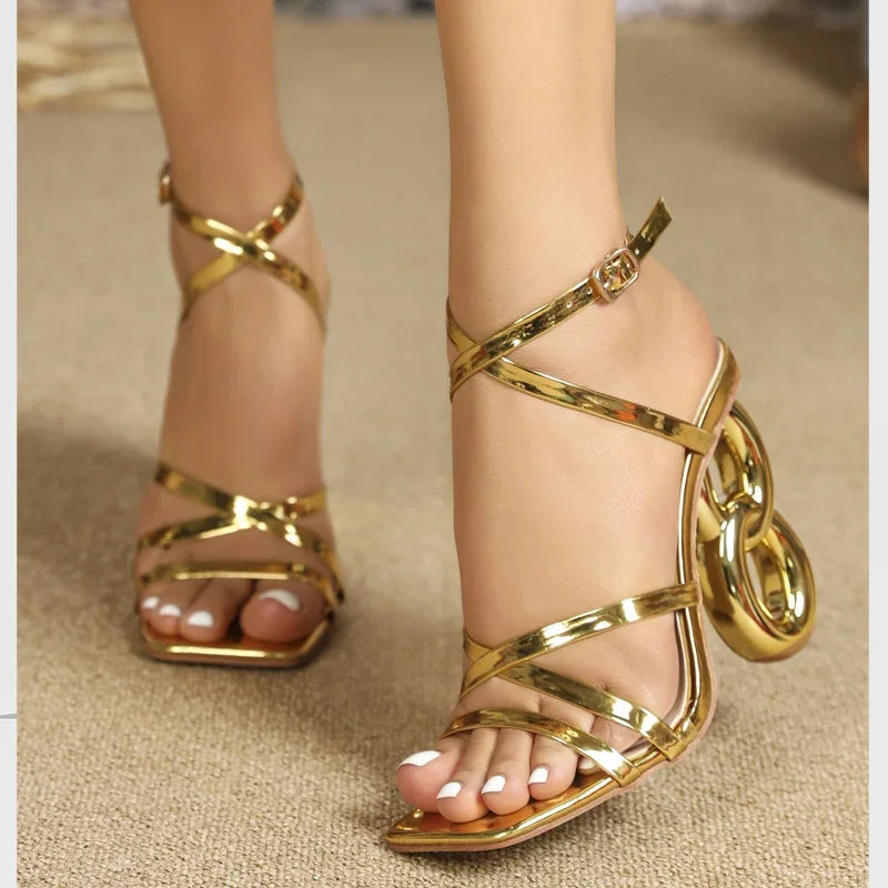 Luxury Women's Shoes Fashion Golden Narrow Band Square Toe Women's Sandals Designer High Heels Ankle Buckle Strap Ladies Shoes