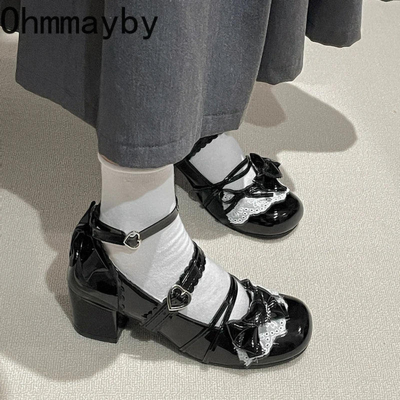 Ballet Style Thick Heel Women Lolita Mary Jane Shoes Fashion Butterfly-knot Outdoor Women's Party Dress Pumps