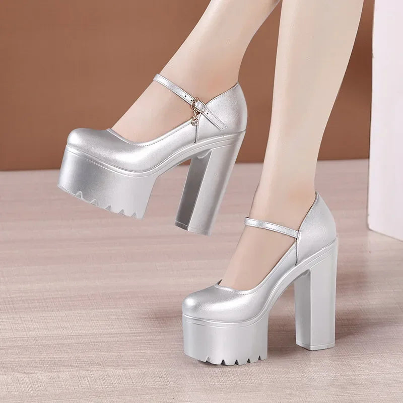 15cm Small Size 32-43 Fashion Red Silver White Wedding Shoes Women Pumps 2026 Fall Block High Heels Shoes Platform Model Partry