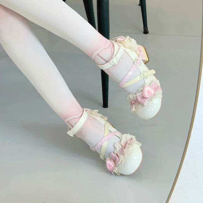 Sweet Girls Lolita High Heels Shoes ,Young Women Students Cute Lace Strawberry Bowknots Ankle Strap Mary Janes