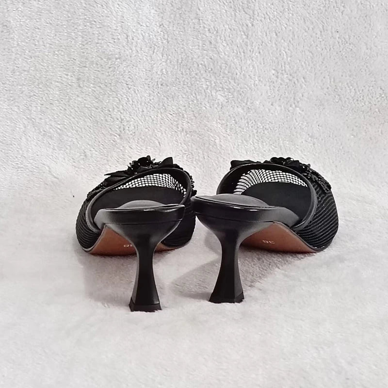 Summer mesh flower beads women slide sexy thin heel sandal