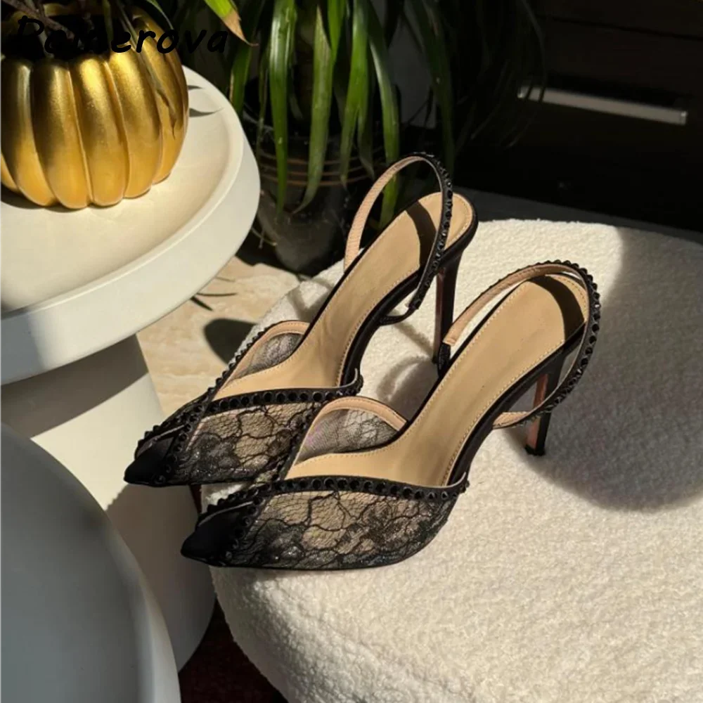 Lace Rhinestone Sandals Slingback White Black Peep Pointy Toe Ankle Band Women's Shoes Elegant Summer Solid Party Shoes 2025