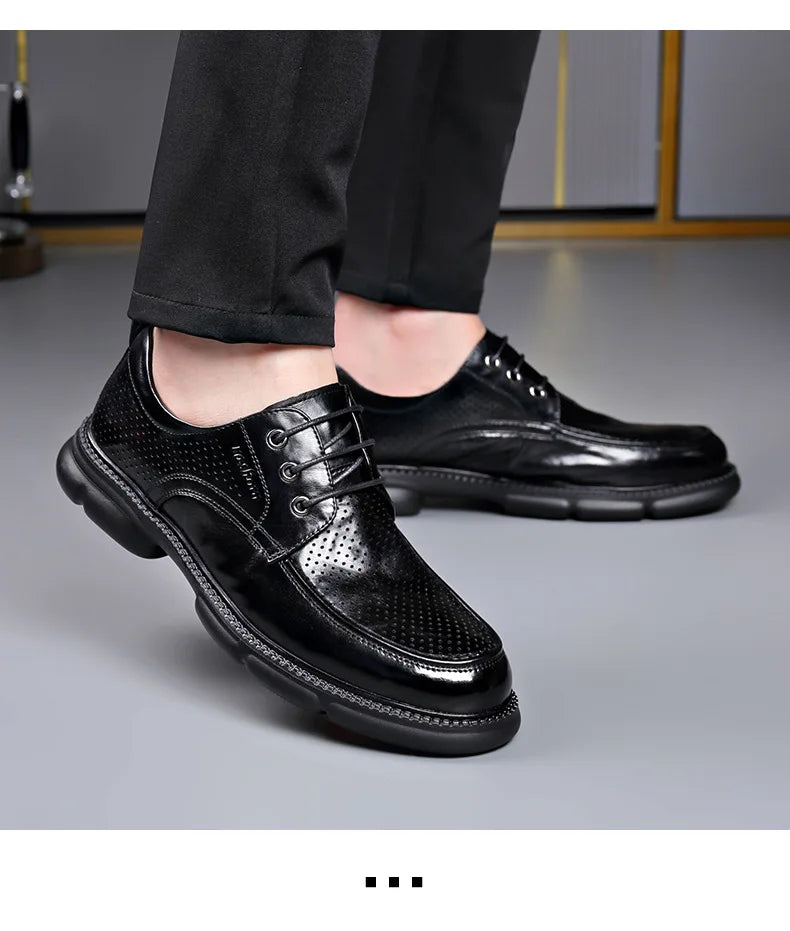 Summer Hallow Cow Leather Shoes for Men Fashion Casual Black New Designer Dress Shoes Male Lace Breathable Platform Shoes Man