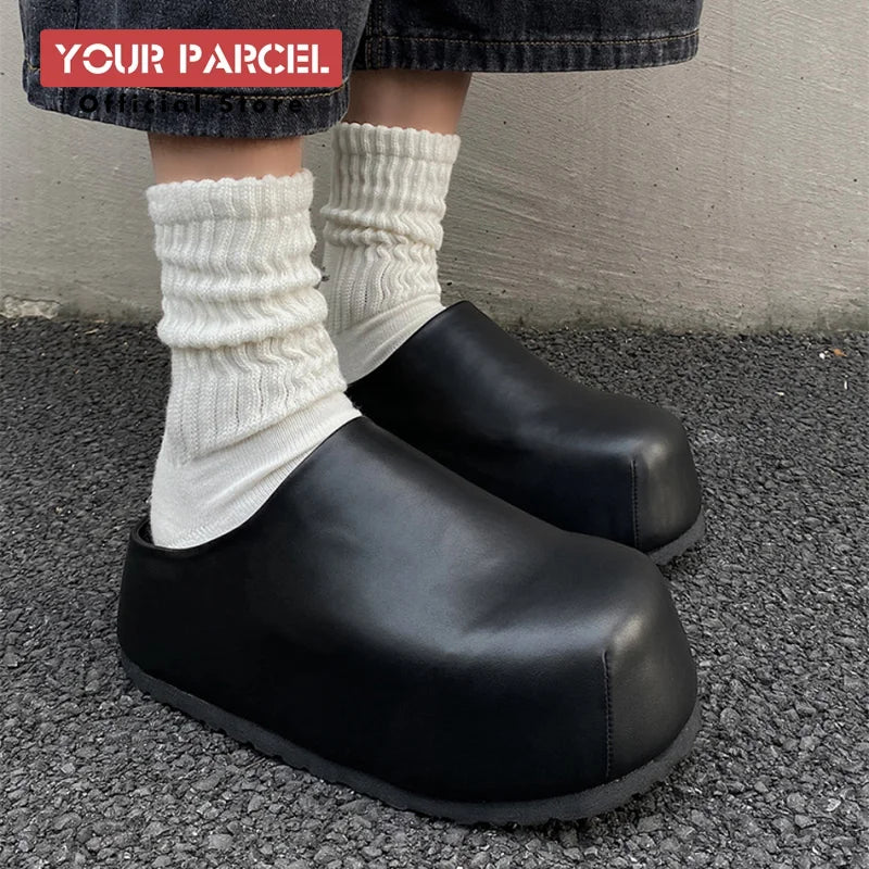 Black Boken leather shoes for men's thick soled design slippers summer new big toe mules shoes outdoor