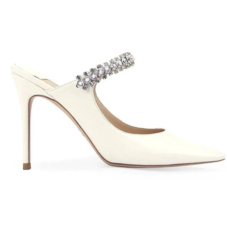 Elegant Leather Mules Pointed Toe Stylish Rhinestone Embellished High Heel Sandals Sophisticated Party Evening Shoes Footwear