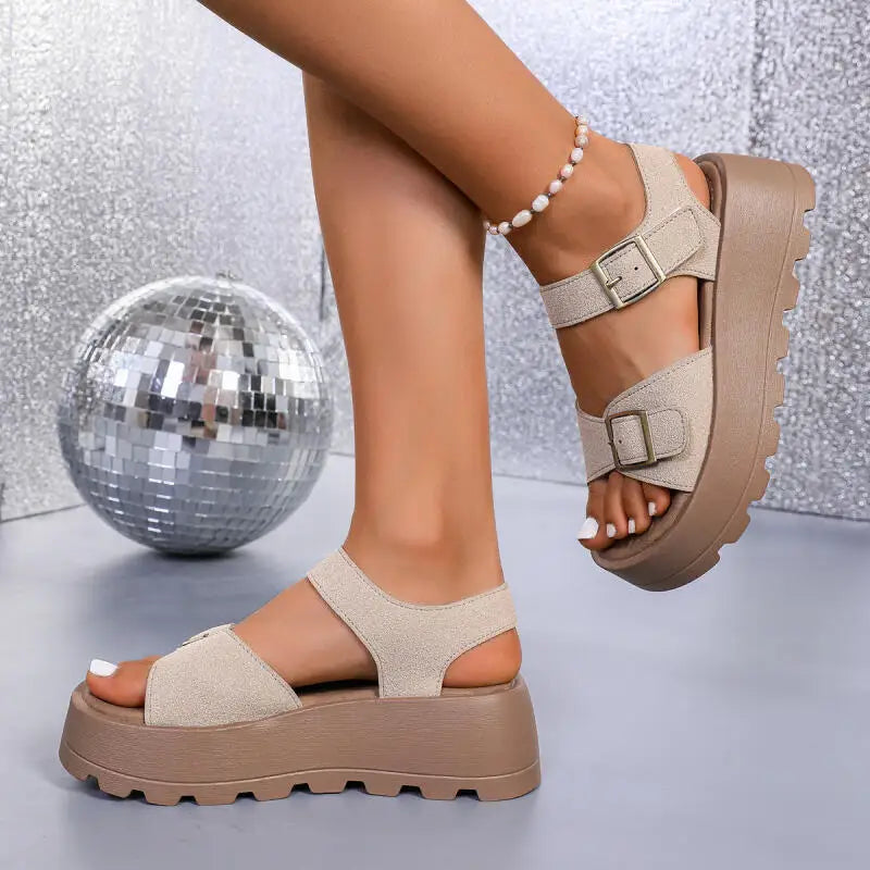 Classic Suede Metal Buckle Thick Bottom Sandals Women Summer 2026 Soft Platform Wedge Heel Sandals Plus Size Woman's Beach Shoes