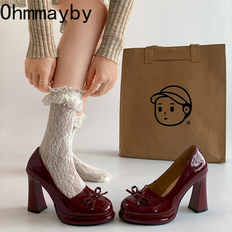 New Platform Thick Heel Women Mary Jane Shoes Fashion Butterfly-knot Slip On Shoes Ladies Outdoor Dress Pumps