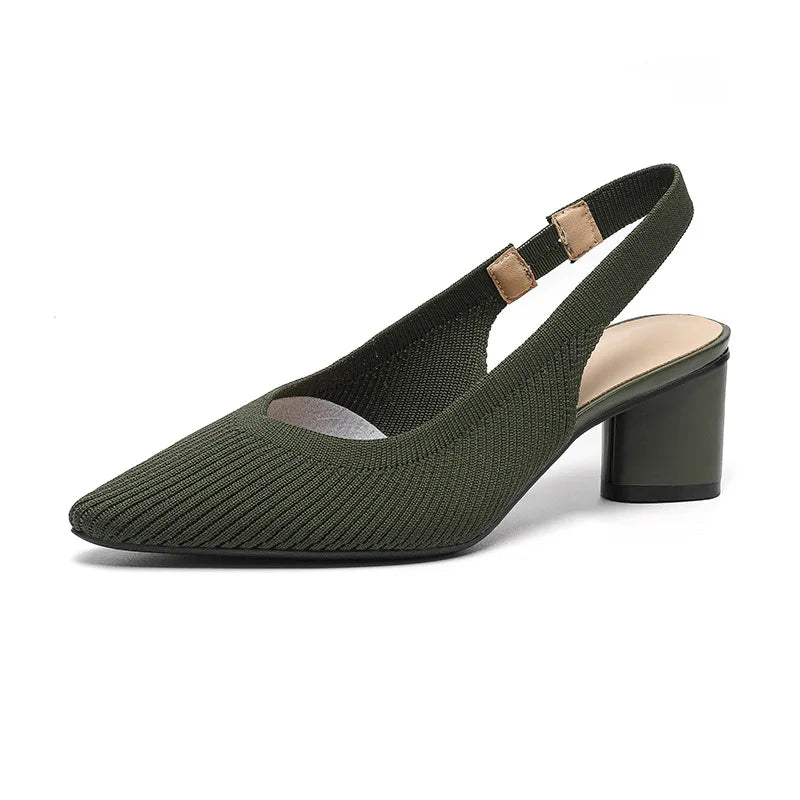 Sandals for Women Heels Knitted Rear Empty Strap Fashion Sandals Pointed Head Shallow Mouth Side Empty Daily Thick Heel Sandals