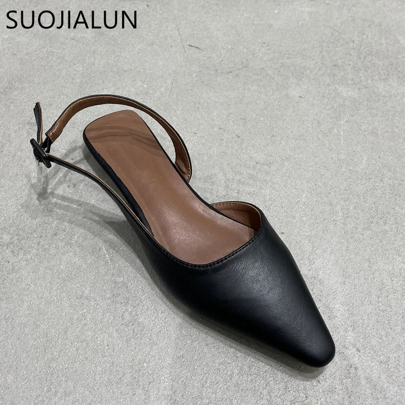 SUOJIALUN 2023 Spring New Shallow Slip On Women Slingback Shoes Soft Casual Ladies Sandal Shoes Flat Heel Outdoor Dress Mules