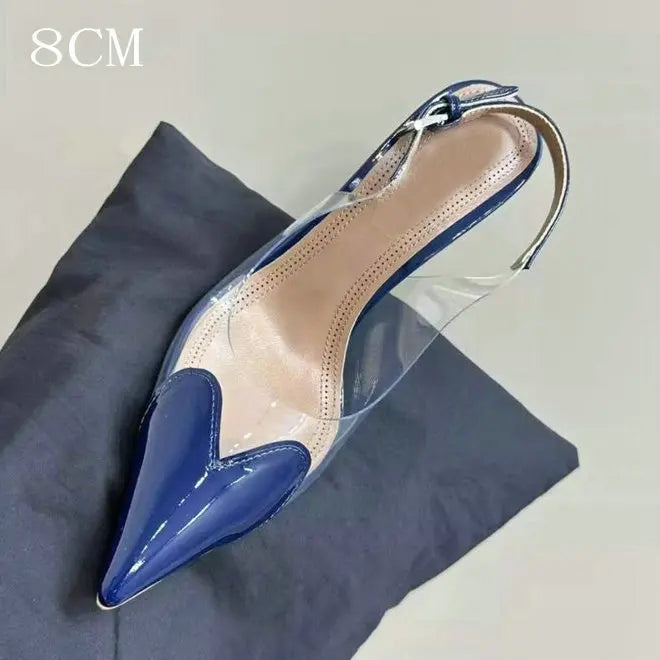 2026 New Pointy Peach Heart Fine Heel Shoes Sexy Pvc Transparent Film Black Patent Leather High Heel Overhead Sandals