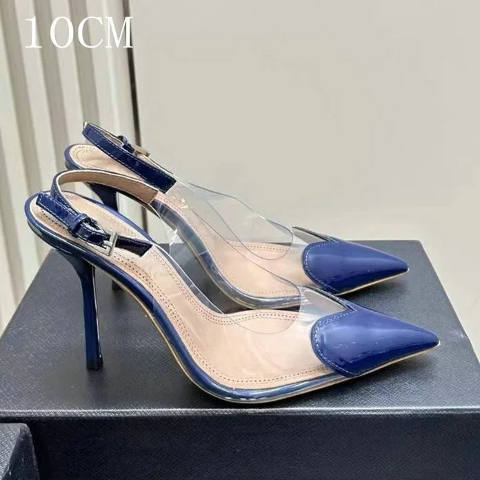 2026 New Pointy Peach Heart Fine Heel Shoes Sexy Pvc Transparent Film Black Patent Leather High Heel Overhead Sandals