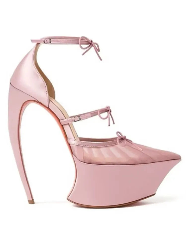 Spring/Summer New Pointed Stiletto High Heels Thick Bottom Ballet Sandals Bow Fashion Show Wedding Party Women's High Heels