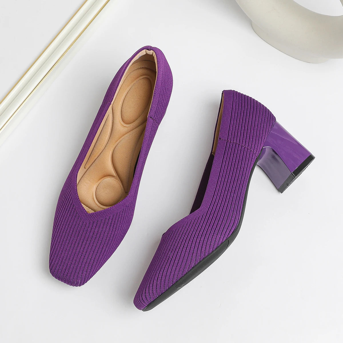 Women's High Heels Comfortable Square Knitted Breathable Comfortable Shoes (5cm High) Autumn 2025 New Collection