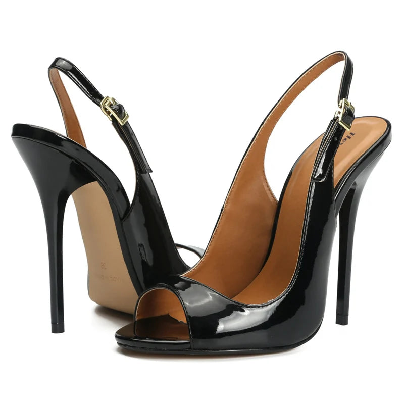 Peep Toe Summer Sandals Women Shoes 2026 Elegant Large Size Black Red High Heels 13cm Mules Sling Sexy Wedding Party Shoes Lady