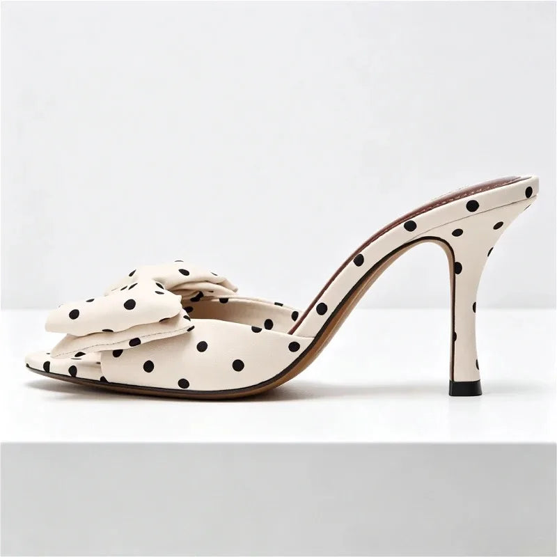 Satin Polka Dot Butterfly Knot Decorative Heeled Sandals Women Sexy Open-Toe Slide Sandals Summer Elegant Stiletto Heel Slippers