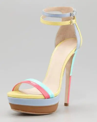 Yellow Blue Pink Mixed Color Leather Open Toe Platform Cover Heel Summer Sandals Women Stiletto Heel Ankle Buckle Party Shoes